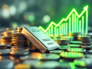 Zilveren munten en staven op glanzend oppervlak met stijgende groene financiële grafiek op de achtergrond