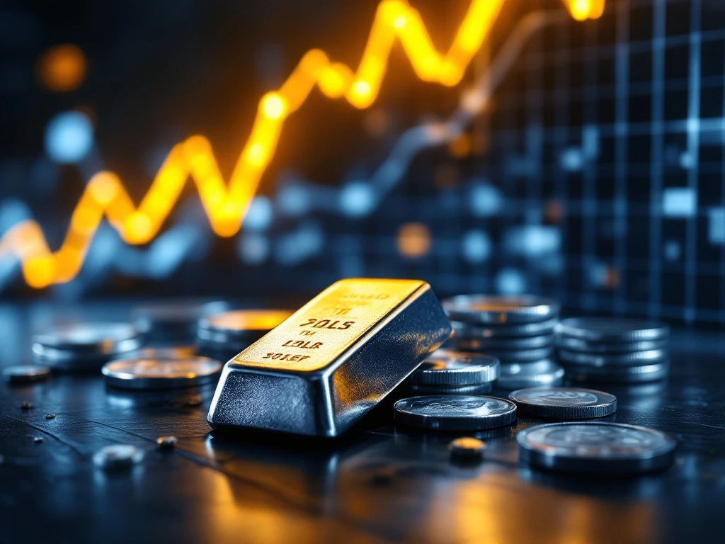 Zilveren munten en staven op donker hout met stijgende financiële grafiek op gouden achtergrond, investeringsgroei