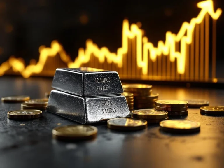 Zilveren munten en staven op donker hout met gouden opwaartse financiële grafiek op achtergrond