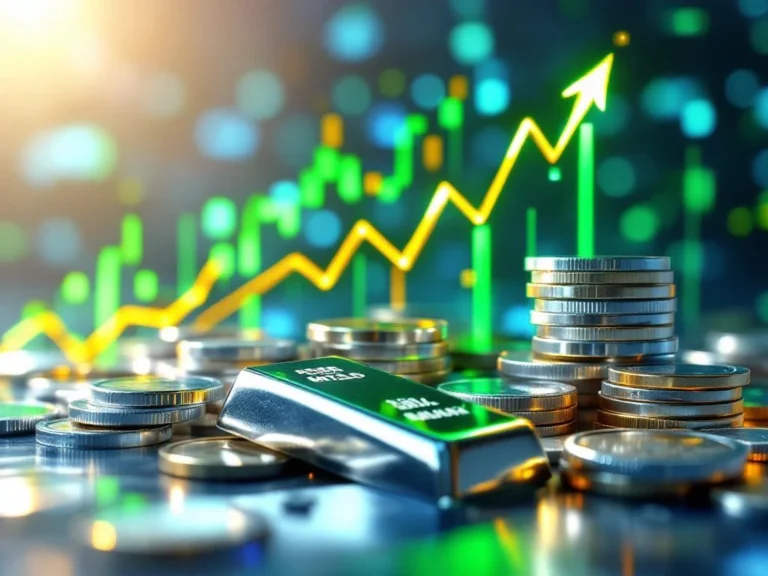 Zilveren munten en staven met stijgende financiële grafiek op achtergrond, gouden verlichting toont investeringsgroei