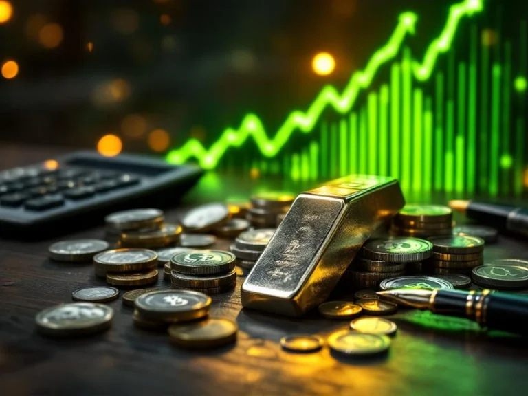 Zilveren munten en staven op donker hout met stijgende groene financiële grafiek en rekenmachine op achtergrond