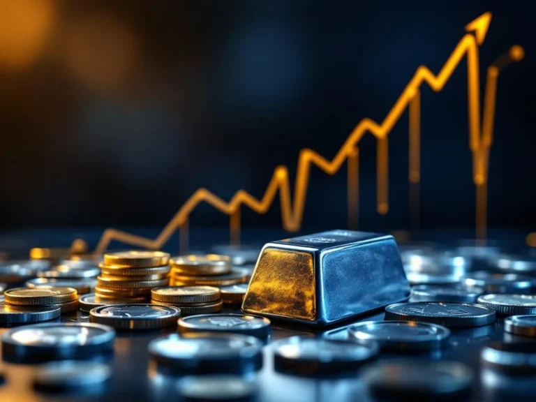 Zilveren munten en staven met stijgende gouden grafiek die investeringsgroei toont tegen donkerblauwe achtergrond