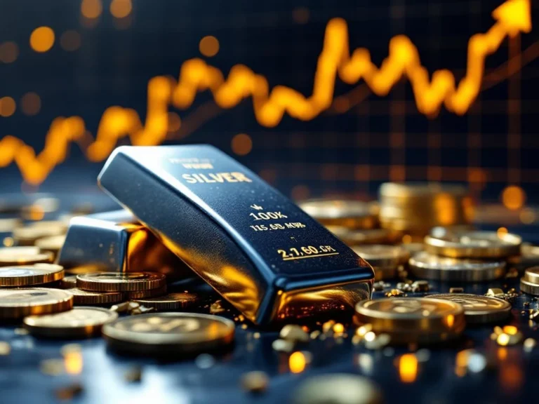 Zilveren munten en staven met stijgende financiële grafiek op donkerblauwe achtergrond, investering en groei concept