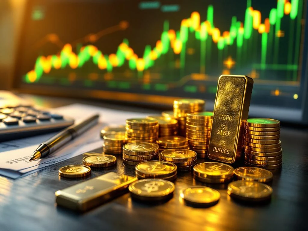 Zilveren staven en munten op donker hout met gouden financiële grafiek die stijgende edelmetaalprijzen toont