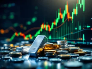 Zilveren munten en staven met stijgende financiële grafiek en technische analyse-indicatoren op blauwe achtergrond