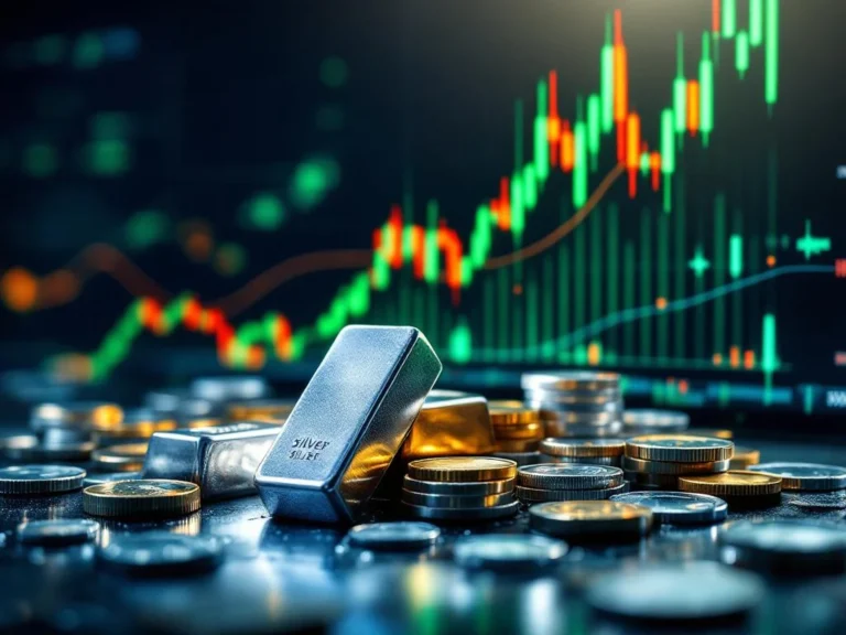 Zilveren munten en staven met stijgende financiële grafiek en technische analyse-indicatoren op blauwe achtergrond