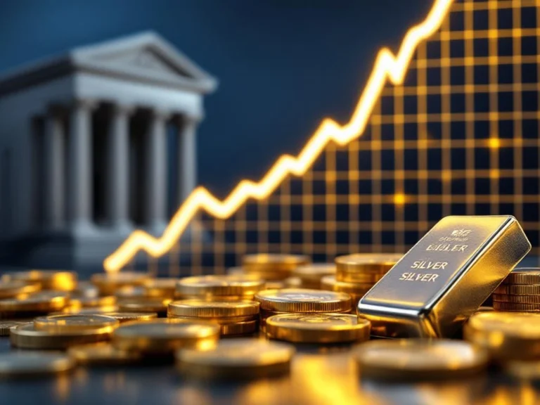 Zilveren munten en staven met stijgende financiële grafiek op blauwe achtergrond, bankgebouw wazig zichtbaar