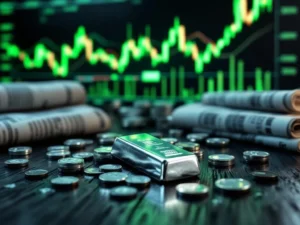 Zilveren munten en staven op donker hout met stijgende financiële grafiek op achtergrond, omgeven door kranten