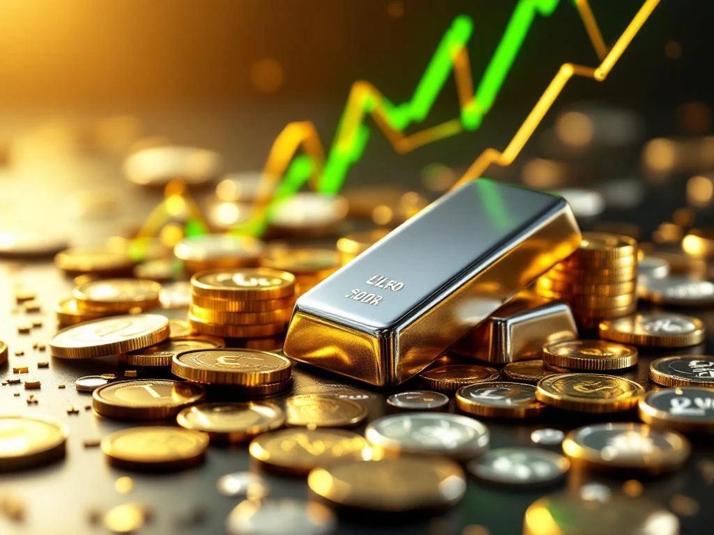 Zilveren munten en staven met stijgende financiƫle grafiek op donkere ondergrond, gouden verlichting en reflecties