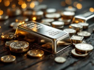 Zilveren munten en staven op donker hout met dramatische gouden verlichting, investeringsmetaal concept