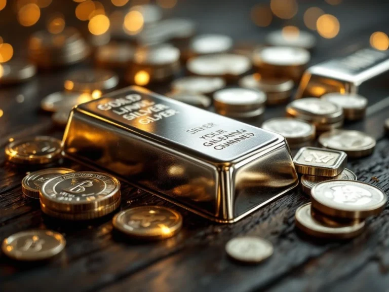 Zilveren munten en staven op donker hout met dramatische gouden verlichting, investeringsmetaal concept