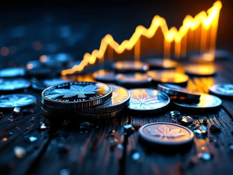 Zilveren munten op donker hout met stijgende financiële grafiek op achtergrond, symboliseert winstgevende investering