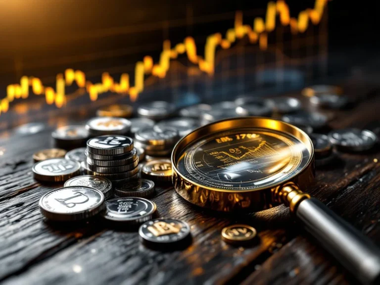 Zilveren munten en staven op houten tafel met vergrootglas en stijgende financiële grafiek op achtergrond