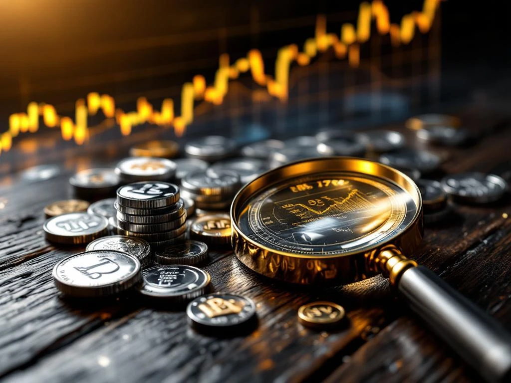 Zilveren munten en staven op houten tafel met vergrootglas en stijgende financiële grafiek op achtergrond
