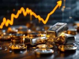 Zilveren munten en staven op donker hout met stijgende gouden financiële grafiek op de achtergrond