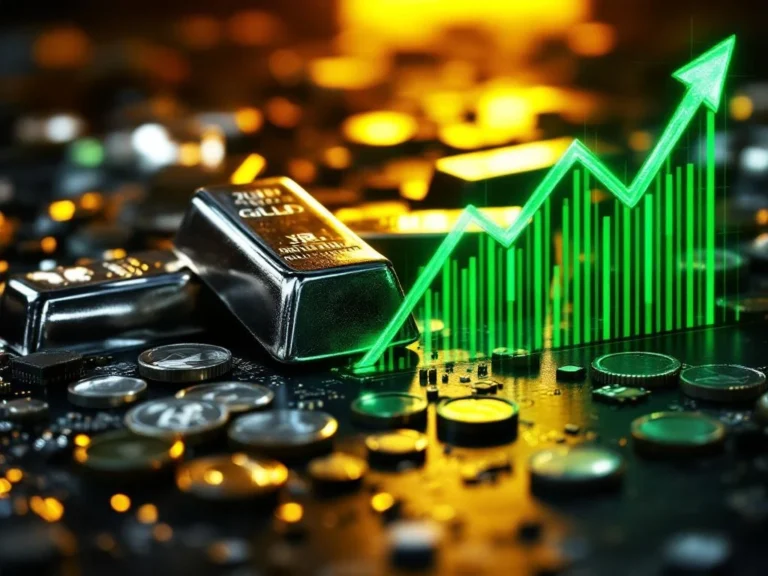 Zilveren munten en staven met stijgende financiële grafiek en groene lijnen op donkere achtergrond met elektronische componenten