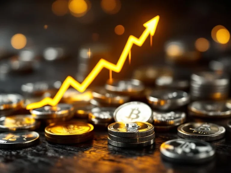 Zilveren munten en staven op donker hout met stijgende gouden financiële grafiek op de achtergrond