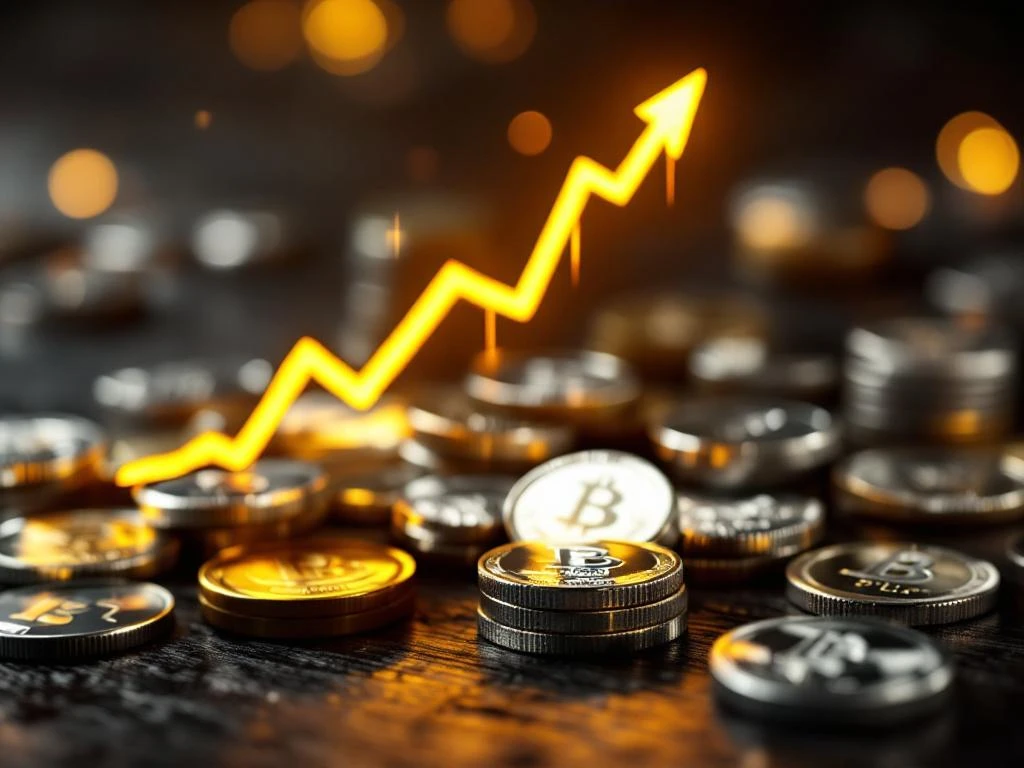 Zilveren munten en staven op donker hout met stijgende gouden financiële grafiek op de achtergrond