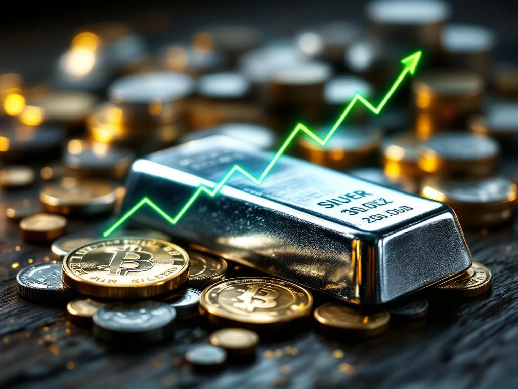 Zilveren munten en staven op donker hout met stijgende groene grafiek die marktgroei toont