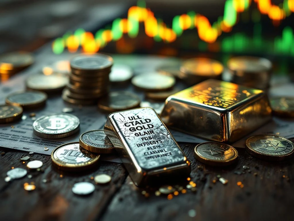 Beschadigde zilveren munten en staven op donker hout met stijgende financiƫle grafieken en verzekeringsdocumenten op achtergrond