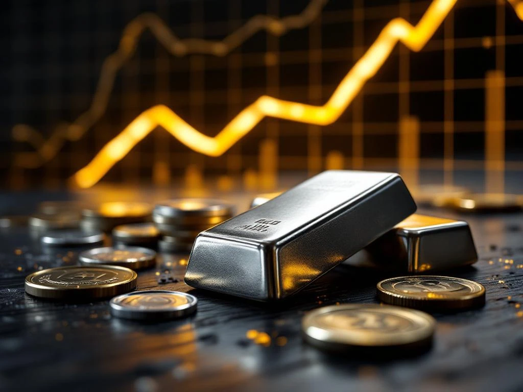 Zilveren staven en munten op donker hout met stijgende goudkleurige financiële grafiek op de achtergrond