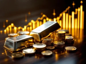 Zilveren munten en staven op donker hout met gouden stijgende financiële grafiek op achtergrond