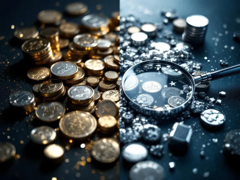 Echte glanzende zilveren munten en staven naast vervalsingen onder vergrootglas op donkerblauwe achtergrond