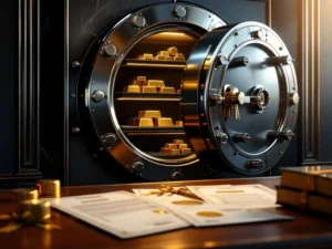 Open bankkluis met goudstaven en zilveren munten op fluwelen planken, certificaten met gouden zegels op bureau