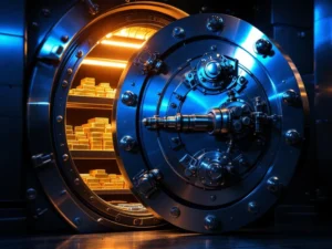 Geopende stalen kluisdeur met goudstaven en zilveren munten op planken, dramatische verlichting benadrukt beveiliging