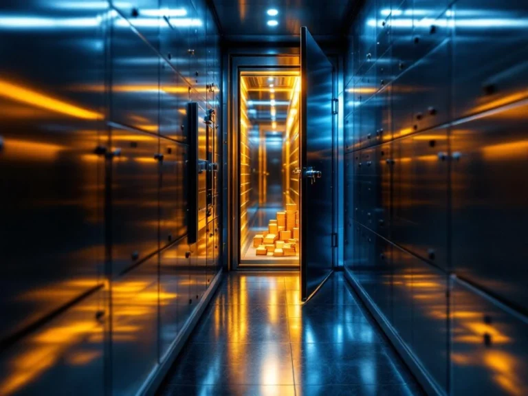 Bankkluis met geopende kluis vol goudstaven en munten, stalen kluisjes aan wanden, dramatische verlichting