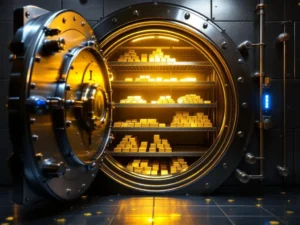 Open bankkluis met gouden staven en zilveren munten op metalen planken, verlicht door warm goudkleurig licht