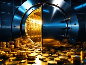 Geopende bankkluis met goudstaven en zilveren munten op voorgrond, veiligheidskluisjes zichtbaar binnen