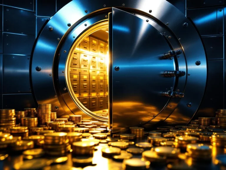 Geopende bankkluis met goudstaven en zilveren munten op voorgrond, veiligheidskluisjes zichtbaar binnen