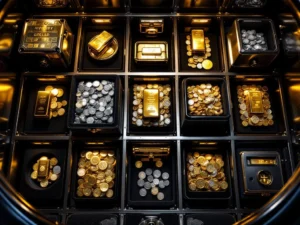 Luxe kluis met goudstaven, zilveren munten en platina in tien beveiligde compartimenten met biometrische sloten