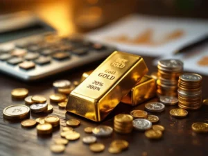 Gouden staven, zilveren munten en platina stukken op donker hout met calculator en grafieken op achtergrond