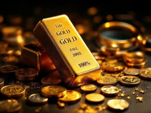 Echte goudstaven en munten naast valse exemplaren met juweliersinstrumenten, dramatisch belicht op donkere achtergrond