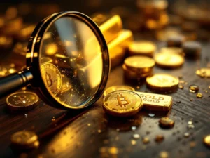 Goudstaven en munten op donker hout met vergrootglas en testgereedschap, dramatische verlichting met gouden reflecties