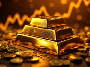 Goudstaven gestapeld met opwaartse grafiek en gouden munten, dramatische verlichting toont luxe investeringssfeer