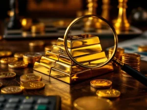 Gouden munten en staven op donkere houten tafel met vergrootglas, calculator en financiële grafieken op achtergrond