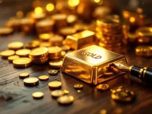 Goudstaven en munten op donkere houten tafel met vergrootglas en vulpen, warme verlichting met dramatische schaduwen