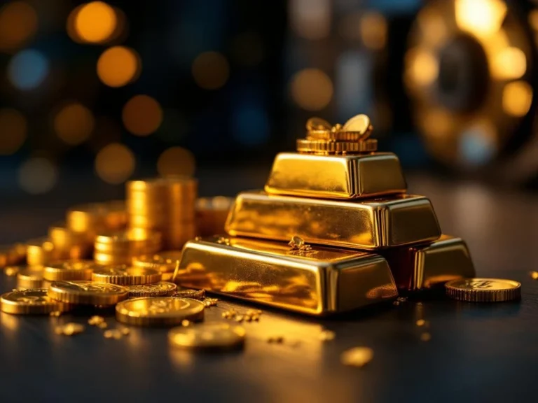 Gouden munten en staven elegant gestapeld op donker hout met warme verlichting voor vermogensbehoud en financiële zekerheid