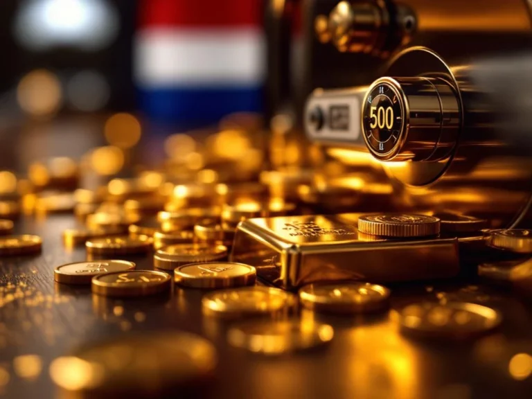 Gouden munten en staven op donker hout met Nederlandse vlag op achtergrond, professionele verlichting, kluis zichtbaar