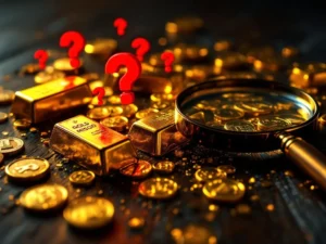 Gouden munten en staven op donker hout met vergrootglas en waarschuwingssymbolen die financiële risico's tonen