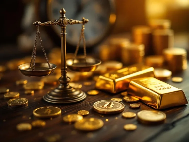 Gouden munten en staven op donker hout met vintage weegschaal, warme verlichting benadrukt luxe metaaltexturen