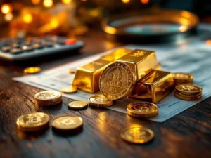 Gouden munten en staven op houten tafel met Nederlandse belastingdocumenten en rekenmachine op de achtergrond