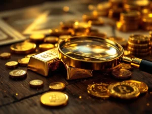 Gouden staven en munten met vergrootglas over certificeringsstempels op donker houten oppervlak met authenticiteitsdocumenten