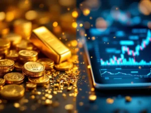 Fysieke goudstaven en munten tegenover digitale ETF-grafieken op tablet, vergelijking traditionele versus moderne beleggingen