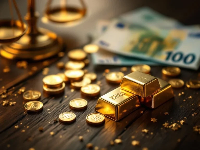 Gouden munten en goudstaven op donker hout met Euro bankbiljetten en messing weegschaal voor goud investering