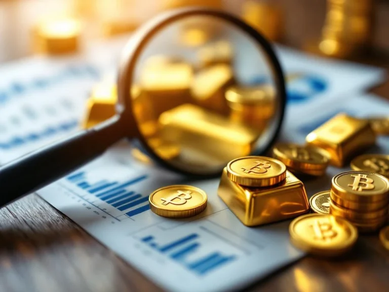 Gouden munten en staven op houten oppervlak met vergrootglas en financiële grafieken voor investeringsanalyse