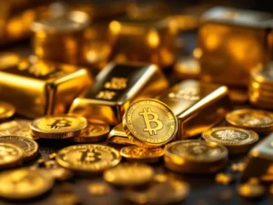 Gouden munten en baren op donker hout met vergrootglas, professionele edelmetalen investering setup